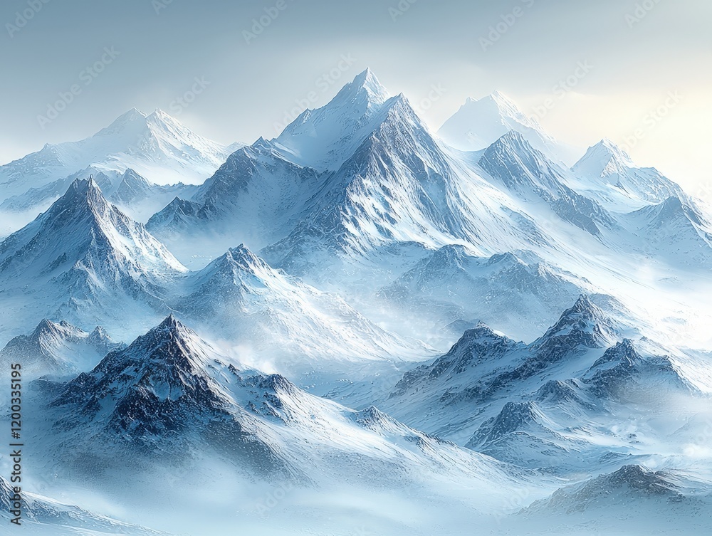 Majestic snow-capped mountain range under a soft blue sky. Ideal for desktop backgrounds, website headers, or winter-themed designs.