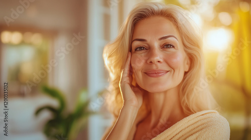Mature, Mid-Age Blonde Woman in Sweater Smiling and Touching Her Face, Reflecting Self-Care, Skin Care, Calm, and Positive Aging in Her 40s, 50s, 60s at Home, Beige Tones, Natural Beauty at Menopause.