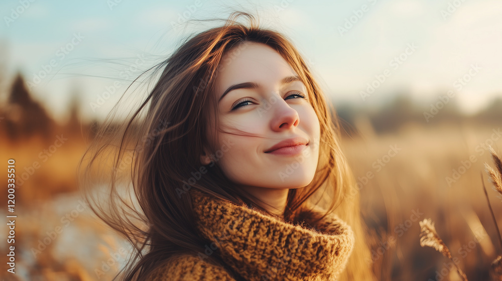 Portrait of a Smiling Woman in Mustard Brown Sweater Enjoying a Beautiful Autumn Day Outdoors, Joyful Fall Lifestyle in Golden Seasonal Tones, Cozy Atmosphere. Portrait of a Smiling Woman in Mustard Brown Sweater Enjoying a Beautiful Autumn Day Outdoors, Joyful Fall Lifestyle in Golden Seasonal Tones, Cozy Atmosphere.