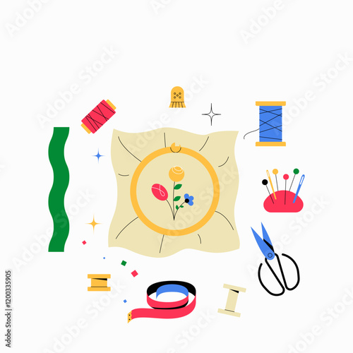 Sewing Kit With Embroidered Cushion In Flat Vector Illustration Symbolizing Crafting, DIY, And Creativity, Isolated On White Background.