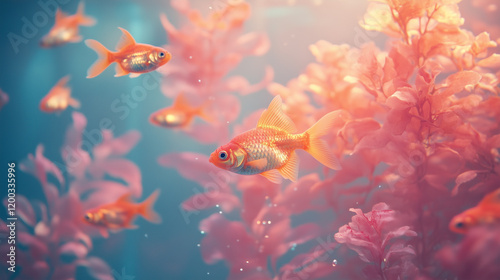 Goldfish Swimming in Aquarium, Vibrant Orange Tropical Fish in Water, Aquatic Life in Fishbowl or Tank.