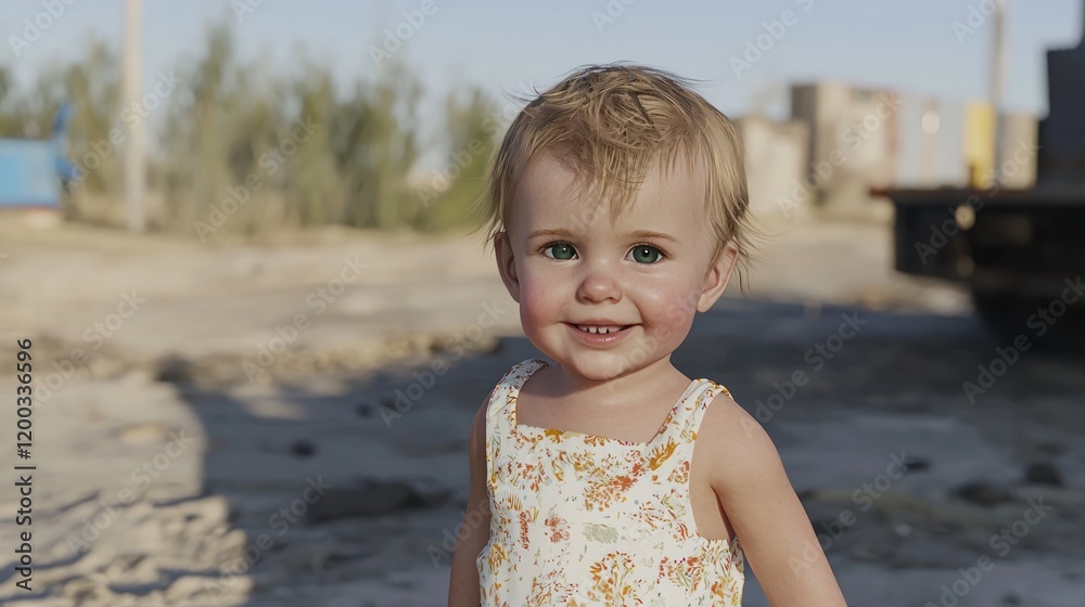 Happy baby girl smiles, construction site background, sunny day, outdoor portrait Happy baby girl smiles, construction site background, sunny day, outdoor portrait