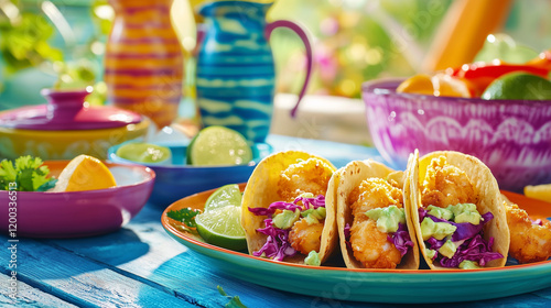 Three shrimp tacos garnished with avocado and red cabbage, served on a vibrant blue table with colorful Mexicanstyle pottery and limes. Outdoor sunny setting photo