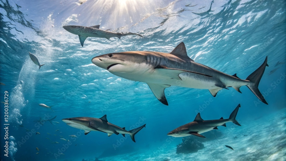 Fototapeta premium A group of sharks swimming gracefully in the crystal clear waters of the bahamas underwater photography exploration