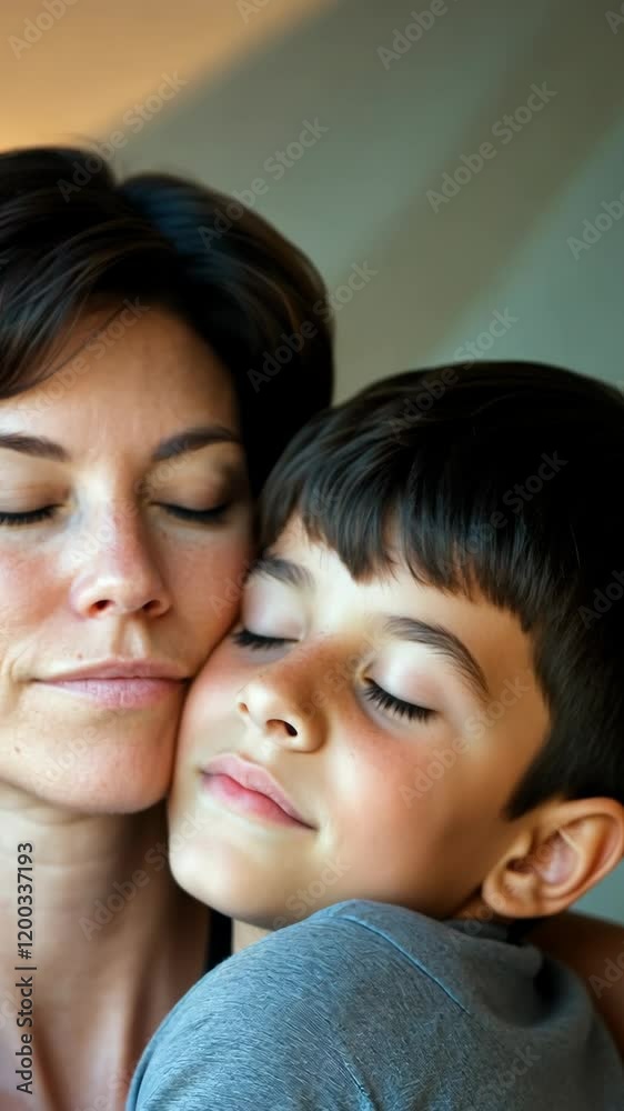 Mother and son share a tender moment with closed eyes in a calm indoor setting Mother and son share a tender moment with closed eyes in a calm indoor setting