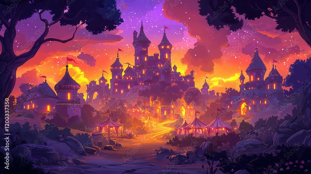 A vibrant fantasy castle scene at sunset with colorful tents, surrounded by trees and a starry sky. A vibrant fantasy castle scene at sunset with colorful tents, surrounded by trees and a starry sky.