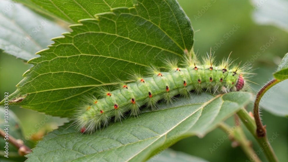 Observing a green caterpillar on a leaf in a natural setting close-up view of insect life cycle Observing a green caterpillar on a leaf in a natural setting close-up view of insect life cycle