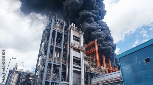 Industrial plant fire, smoke plume, emergency, disaster, safety