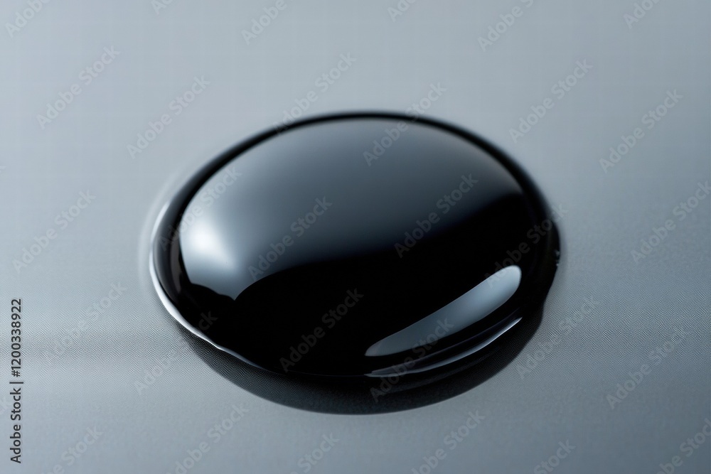 Close up of a single black oil drop on a smooth surface reflecting light. Generative AI Close up of a single black oil drop on a smooth surface reflecting light. Generative AI