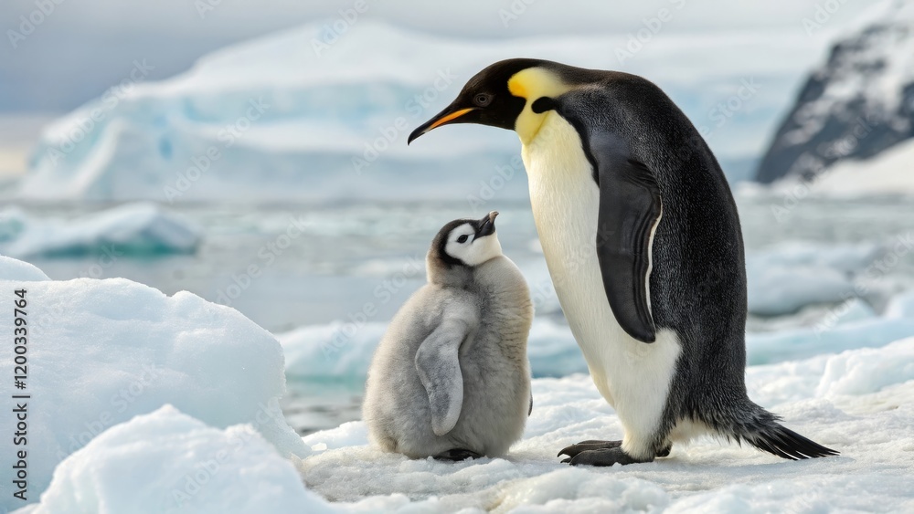 Obraz premium Tender bonding moment mother penguin nurturing baby in icy antarctic landscape wildlife photography serene environment close-up view parental care