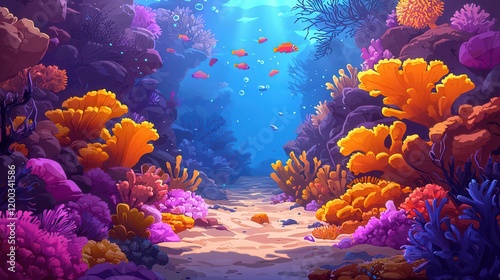 Fototapeta Naklejka Na Ścianę i Meble -  A vibrant underwater scene showcasing colorful coral reefs and fish in a blue ocean environment.