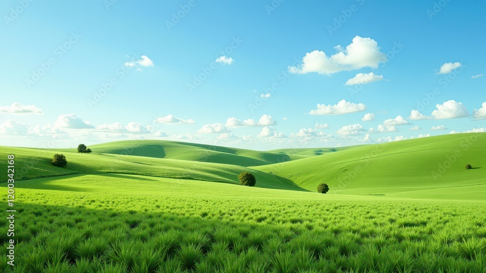 A vibrant, verdant grassy field stretches before you, dotted with towering, slender blades of sunlight-kissed greenery. Three whimsical trees grace the left edge, adding depth to this serene natural t A vibrant, verdant grassy field stretches before you, dotted with towering, slender blades of sunlight-kissed greenery. Three whimsical trees grace the left edge, adding depth to this serene natural t