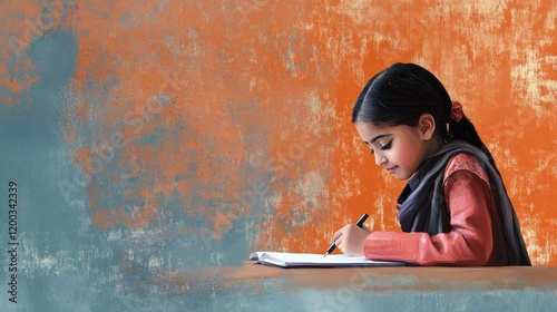 Young Middle Eastern girl around 9 years old writing at a table with a peaceful expression, against a textured orange and blue background, creating a warm and creative atmosphere with copy space
