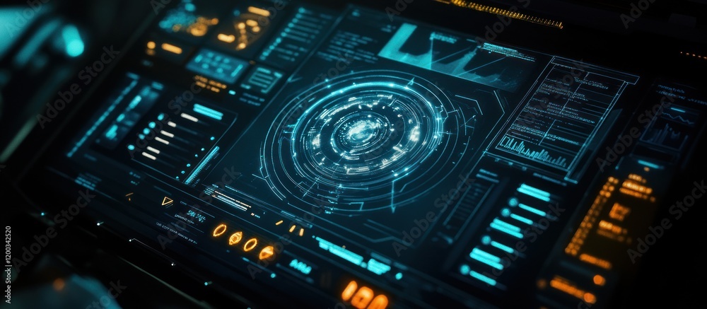 Futuristic digital interface with glowing HUD and data visualizations. Futuristic digital interface with glowing HUD and data visualizations.