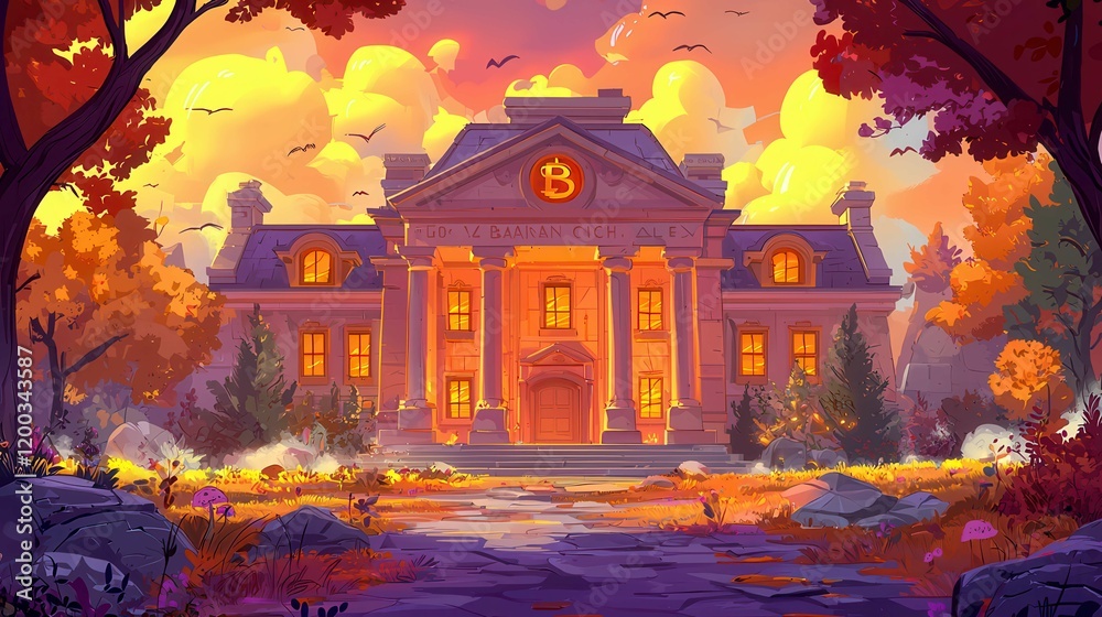 Illustration of a beautiful mansion set in a colorful autumn landscape with dramatic clouds. Illustration of a beautiful mansion set in a colorful autumn landscape with dramatic clouds.