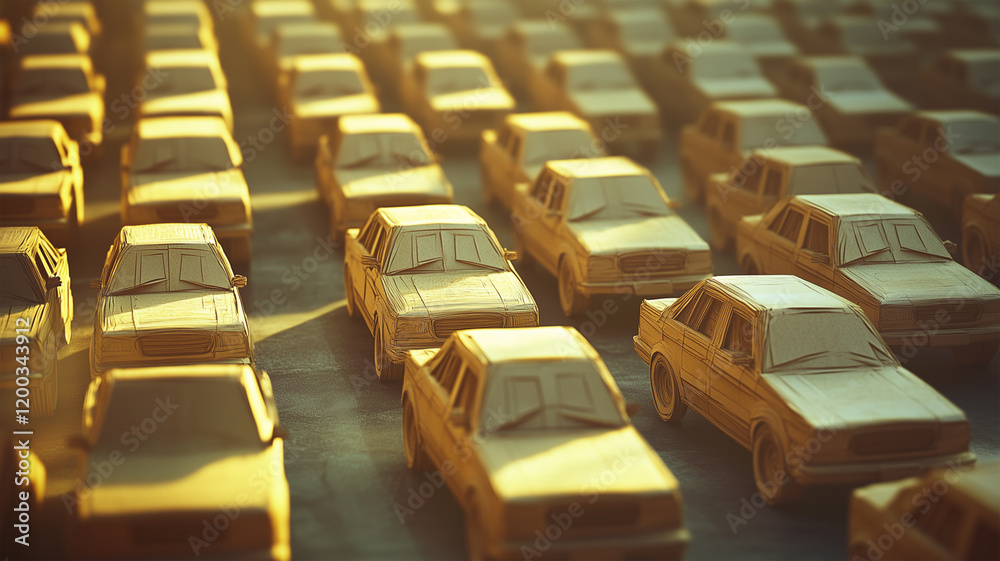 Fototapeta premium 駐車場を埋めるクラフト紙製の車模型が織り成す非日常的光景