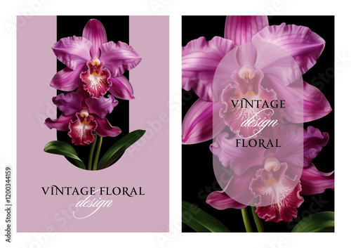 Vintage vector illustration with orchid flowers on a changeable background. Floral design template for wedding invitation, greeting card, notebook cover, flyer or certificate.