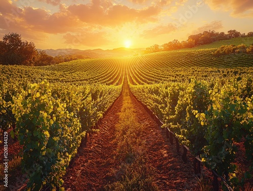 Golden sunset over lush vineyard. Warm light bathes rows of grapevines. Ideal for wine labels, travel brochures, or nature-themed projects.