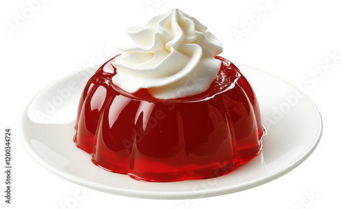 Red berry jello round mold with white whipped cream on top, on a white plate, transparent background.