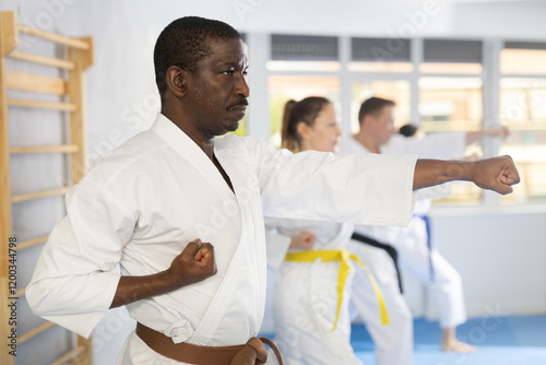 Multinational athletes starting position and studying and repeating sequence of punches and painful techniques in karate kata technique. Oriental martial arts, training and obtaining black belt photo