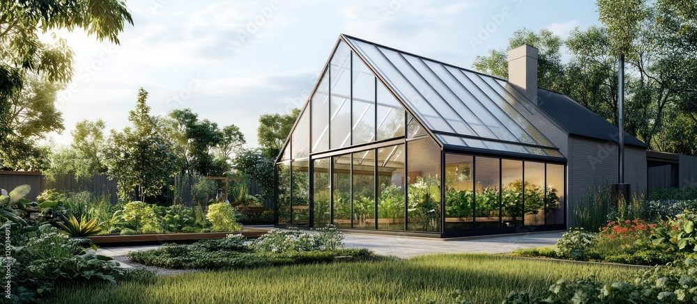 Obraz premium Modern house with a large glass greenhouse extension surrounded by a lush garden.