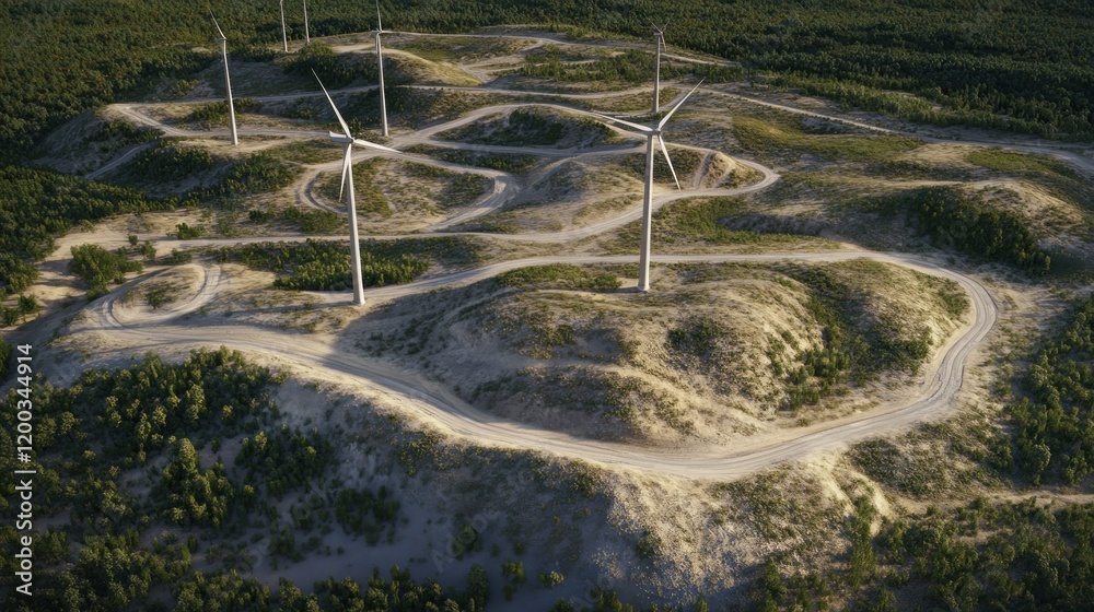 Naklejka premium Aerial view of wind turbines on a hilly, sandy landscape with winding roads.