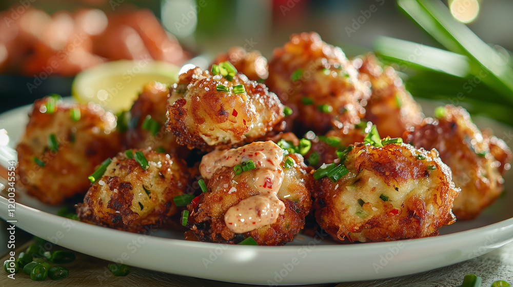 Closeup of goldenbrown crab cakes on a white plate, drizzled with spicy mayo and garnished with chives. A blurred background hints at lemon and more crab. Delicious appetizer!