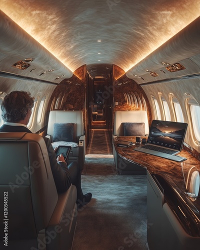 Businessman Relaxing on Private Jet with Luxury Cabin Interior photo