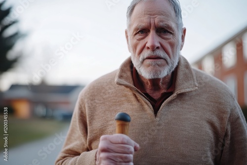 A portrait of a weathered elderly man with a cane, gazing ahead with a sense of resolve, embodying the themes of wisdom, patience, and life's unyielding journey. photo