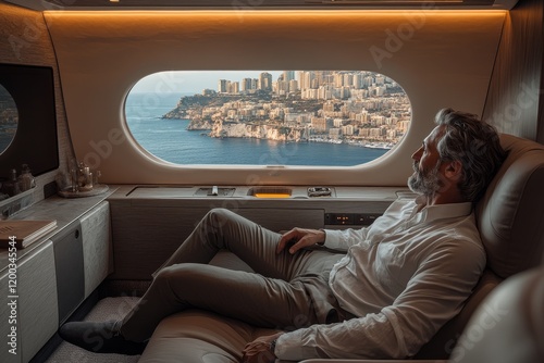 Businessman Relaxing on Private Jet with Luxury Cabin Interior photo