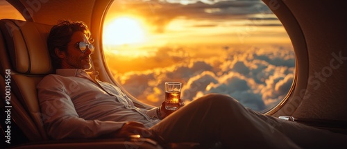 Businessman Relaxing on Private Jet with Luxury Cabin Interior