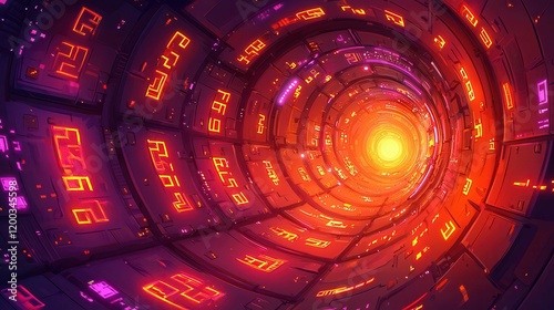 Fototapeta Naklejka Na Ścianę i Meble -  A vibrant abstract tunnel with glowing patterns, showcasing a futuristic design.