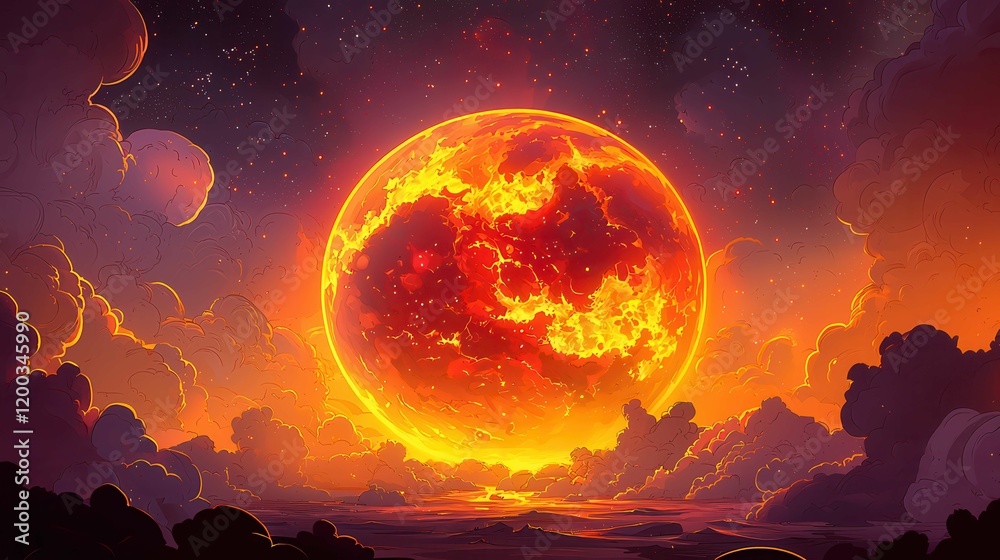 A vibrant sunset with a large fiery sun amidst colorful clouds over the ocean, showcasing a serene natural scene. A vibrant sunset with a large fiery sun amidst colorful clouds over the ocean, showcasing a serene natural scene.