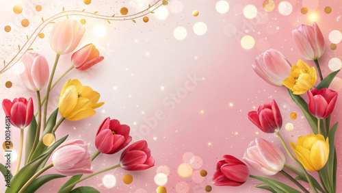 A Vibrant Pastel Pink And White Background With A Frame Of Glowing Tulips, Soft Light Bokeh Effect, Golden Sparkles, And A Warm, Festive Atmosphere Celebrating International Womens Day