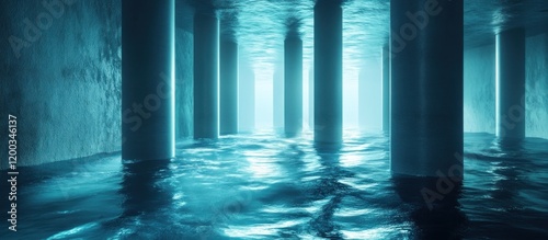 Fototapeta Naklejka Na Ścianę i Meble -  Underwater corridor with illuminated pillars and blue water.