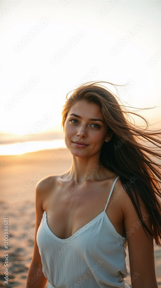 Close-Up Portrait of a Woman with Natural Makeup and Windswept Hair by the Sea. Generative AI Close-Up Portrait of a Woman with Natural Makeup and Windswept Hair by the Sea. Generative AI