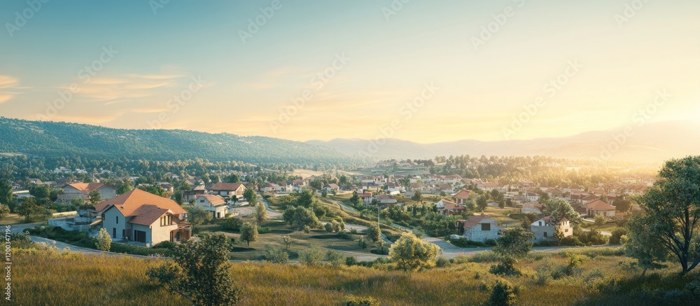 Fototapeta premium Idyllic suburban neighborhood nestled in a valley at sunset.