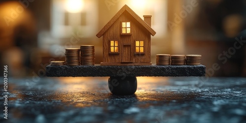 Miniature House Balancing with Coin Stacks in Nature Setting