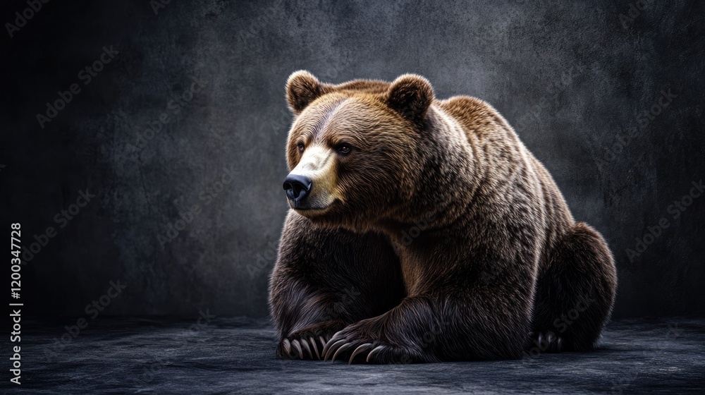 Obraz premium Majestic brown bear sitting against a dark gray background.