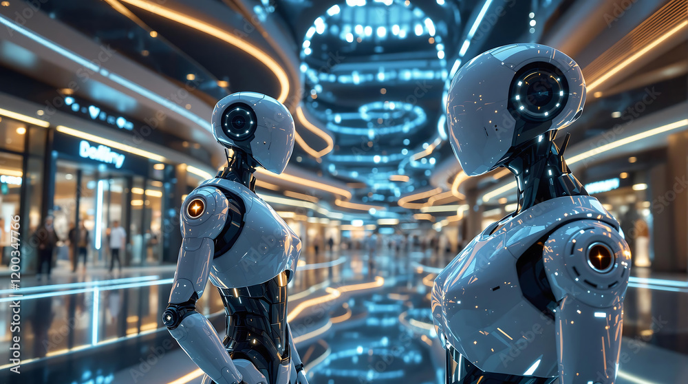 Fototapeta premium Humanoid AI Robots Serving as Security Guards in Futuristic Shopping Mall 