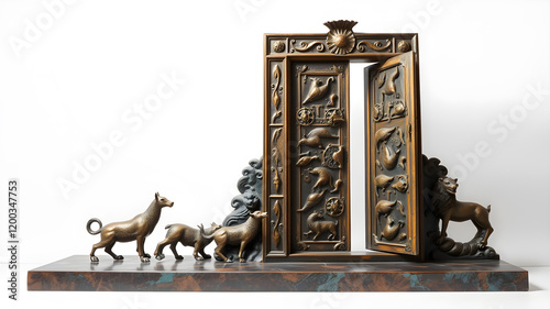 a sculpture of bronze door from a palace. The door has animal designs on it. The door is open and on a base. the entire sculpture is bronze with a white background. Generative AI photo