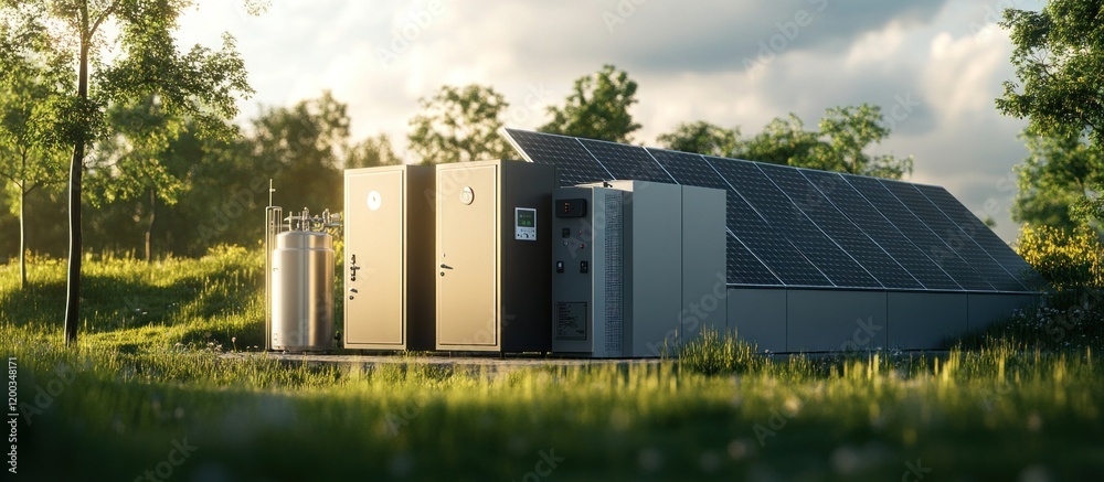 Green energy system with solar panels, battery storage, and hydrogen tanks in a natural setting. Green energy system with solar panels, battery storage, and hydrogen tanks in a natural setting.