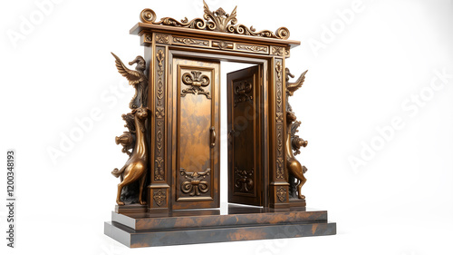 a sculpture of bronze door from a palace. The door has animal designs on it. The door is open and on a base. the entire sculpture is bronze with a white background. Generative AI photo