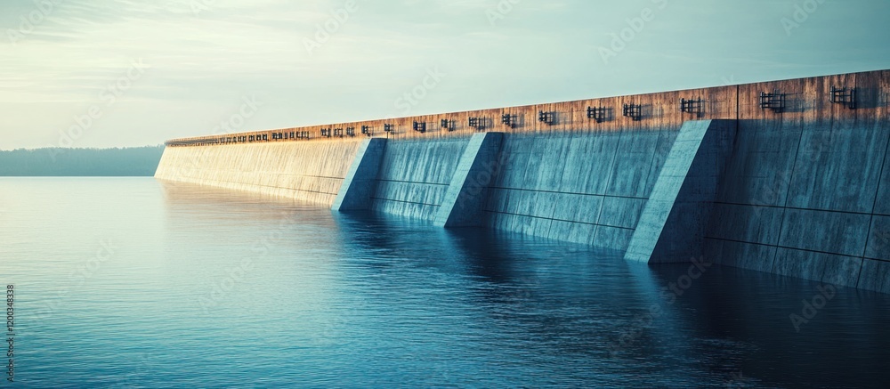 Concrete dam wall across a calm lake at sunrise. Concrete dam wall across a calm lake at sunrise.