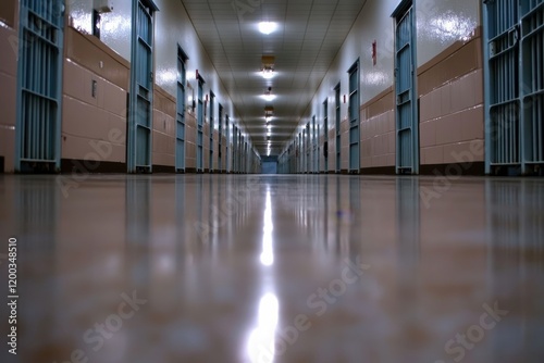 A prison corridor lined with blue walls and cell doors captures the essence of confinement and the emotional weight of incarceration within its suffocating design. photo