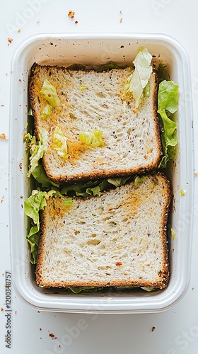 Half-empty container of sandwich remnants, lettuce slightly wilted, crumbs scattered, natural daylight photo