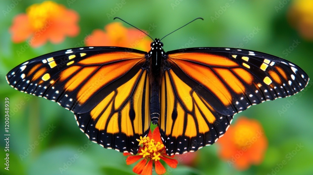 Fototapeta premium Monarch butterfly perched on a flower with wings fully spread.