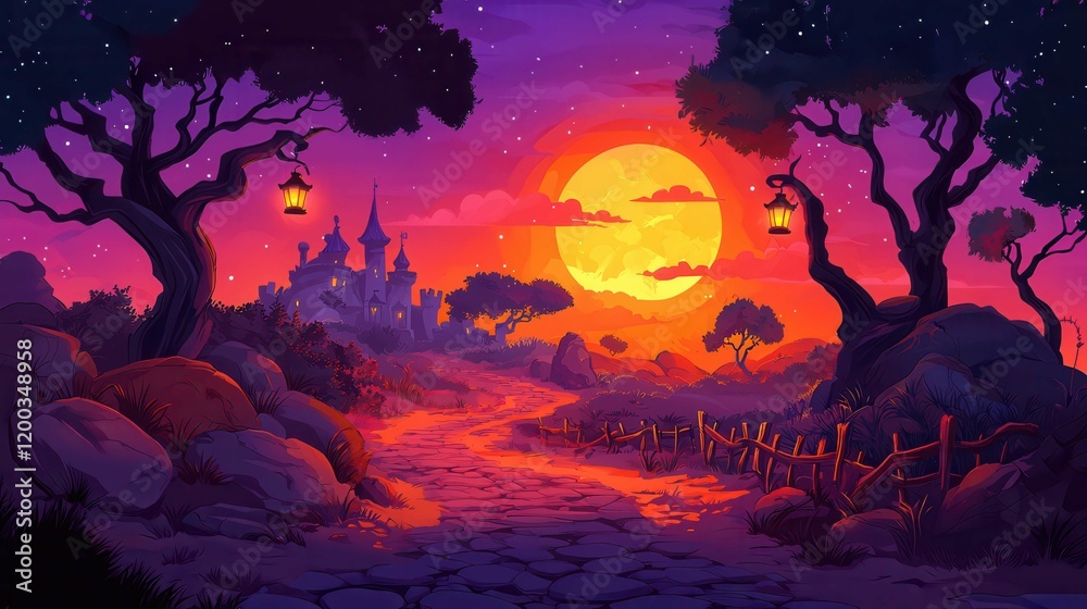A vibrant sunset scene featuring stylized trees and a castle silhouette against a colorful sky. A vibrant sunset scene featuring stylized trees and a castle silhouette against a colorful sky.