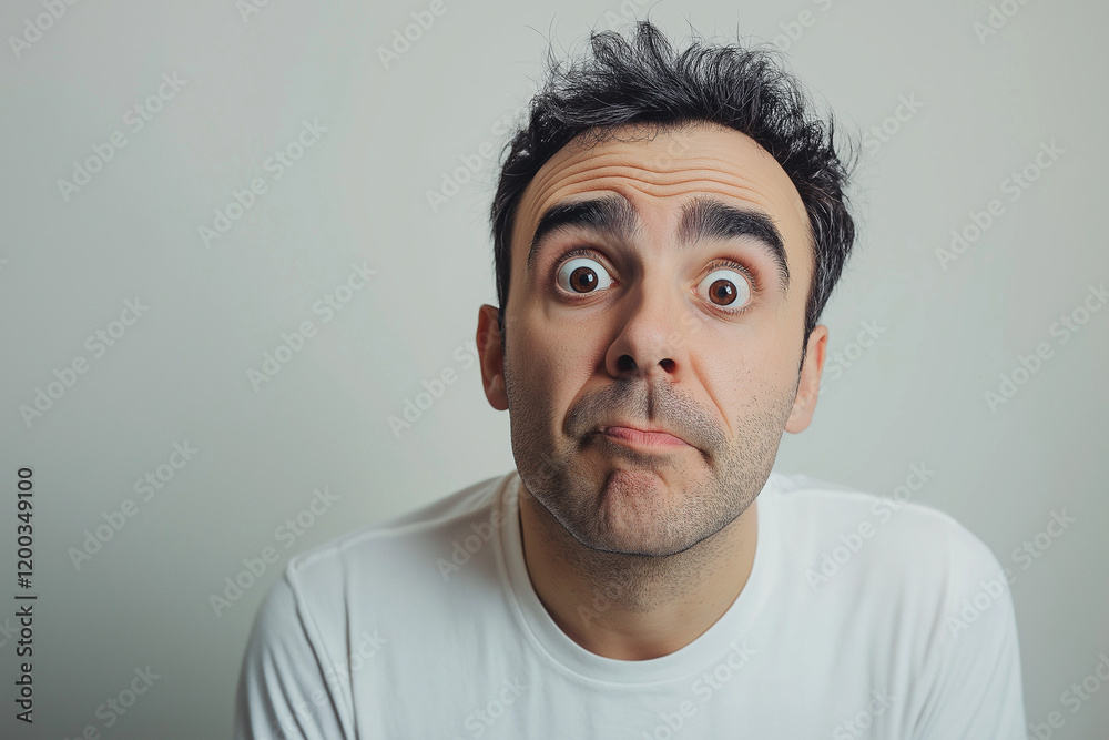 Obraz premium Skeptical Man, Raised Eyebrows, Questioning Gaze, Portrait, Doubt, Surprise, Intrigued, Curious, 