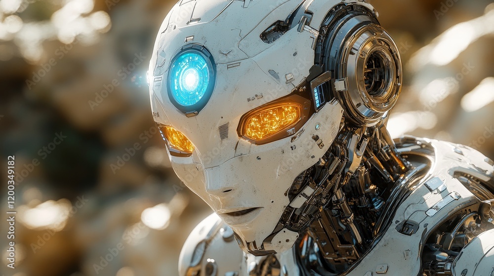 Fototapeta premium Futuristic Robot with Illuminated Eyes in a Sci-Fi Laboratory Setting